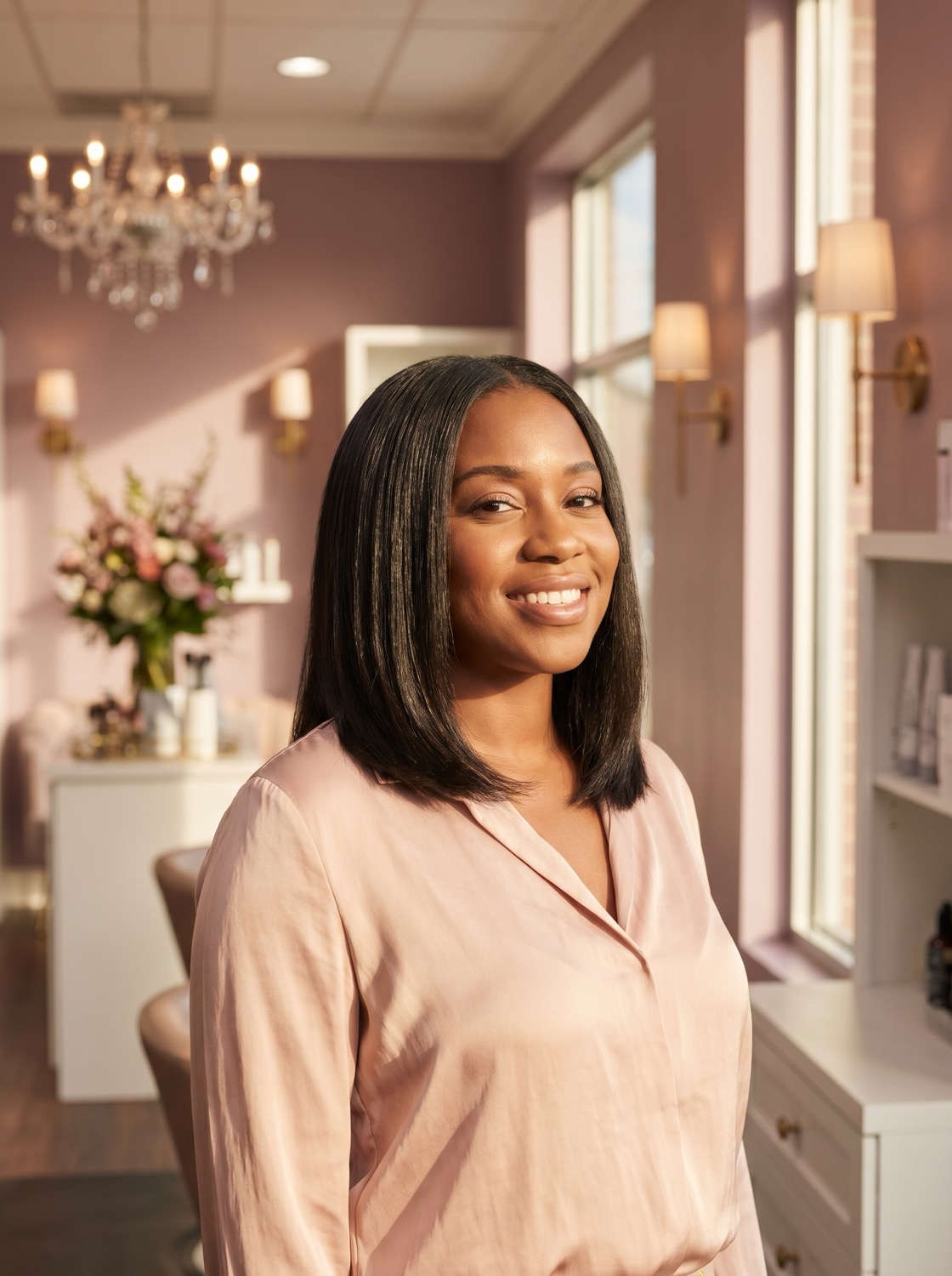 Client with a perfect silk press blowout at MSL Salon Boutique, Harvey LA — lavender chandelier salon interior