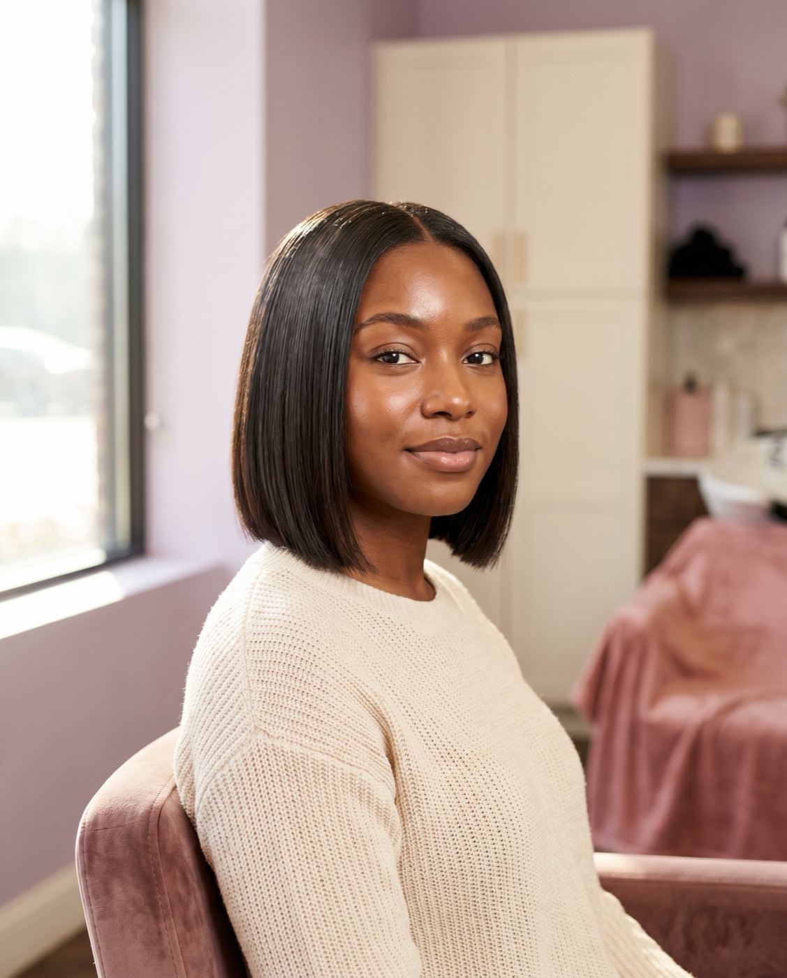Young Black woman with a sleek precision blunt bob cut, glossy finish, at MSL Salon Boutique